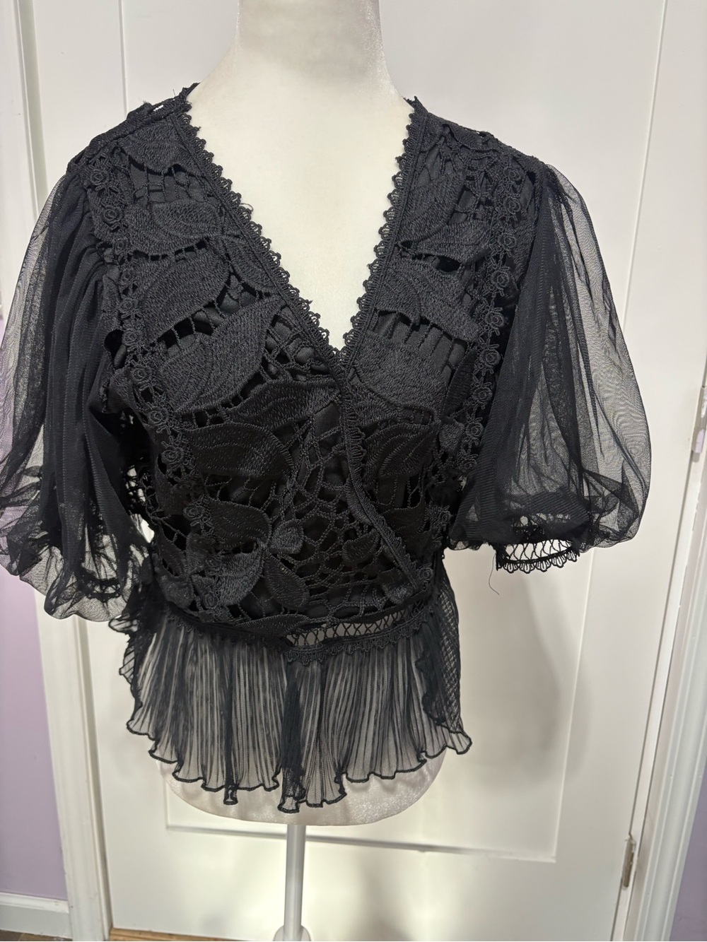 Black Lace Crochet Peplum Top